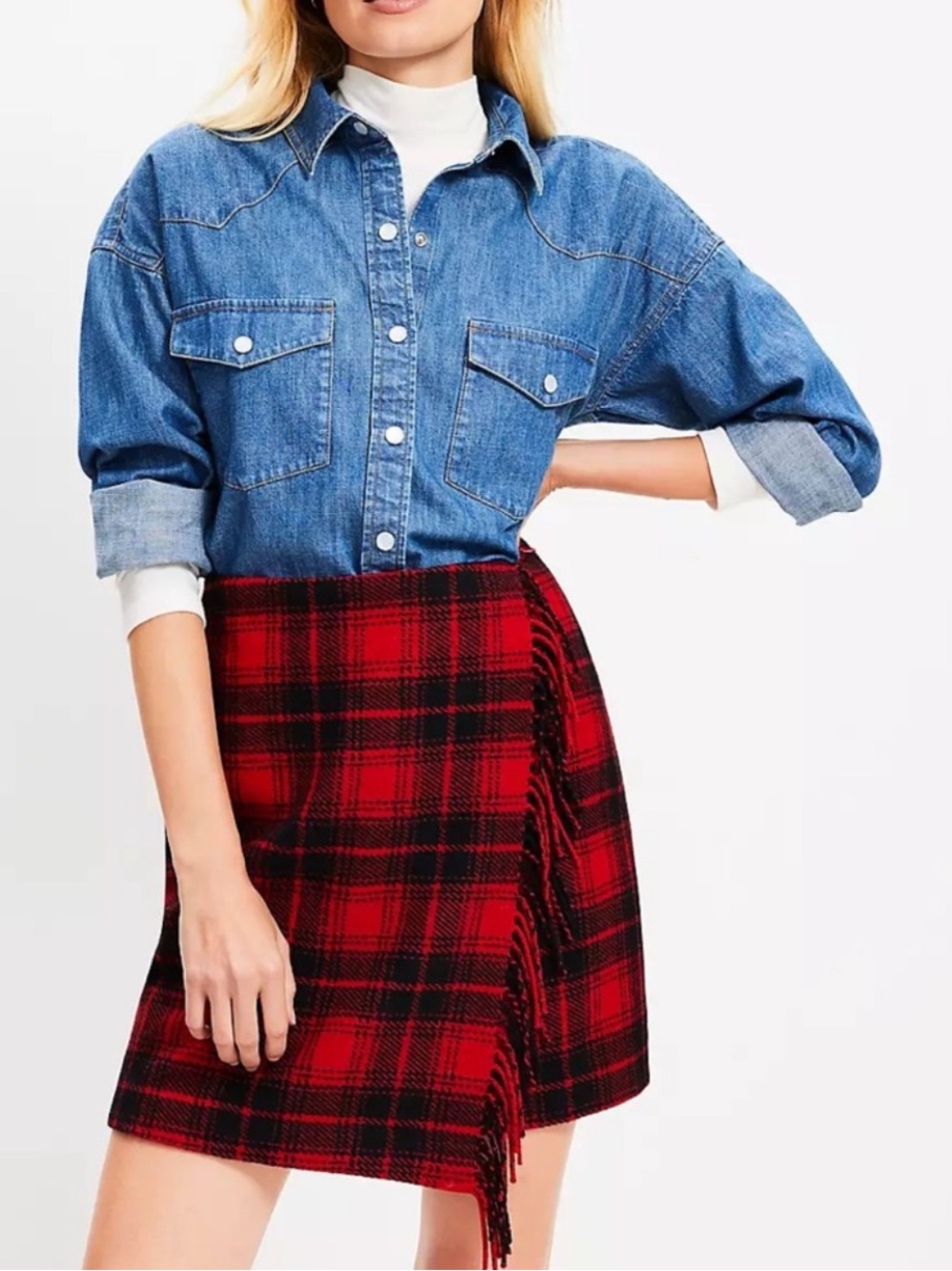 Loft red plaid fringe wrap mini skirt